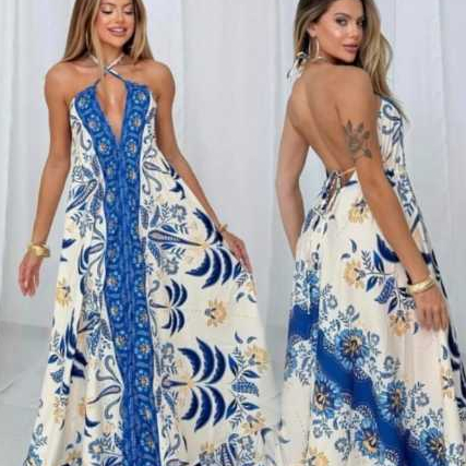 Vestido Longo Feminino de Amarrar Alça Fina Decote V Costas Aberta Estampado Inspiração Indiana em Oferta na Shopee
