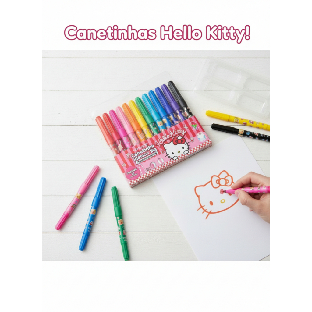 Canetinhas Hello Kitty 12 Cores Hidrocor Big Escolar Desenho em Oferta na Shopee