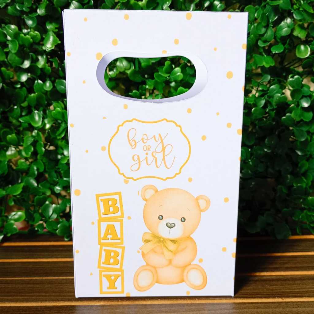 PEGUE E MONTE - Sacola Surpresa Personalizada no tema Chá Revelação Ursinho Neutro dourado - Lembrancinha para festa