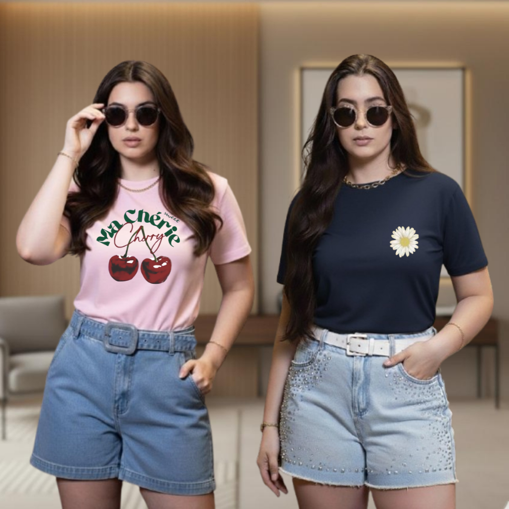 Kit 2 Camisa T-Shirt Feminina Estampada Estilosa 100% Algodão Promoção