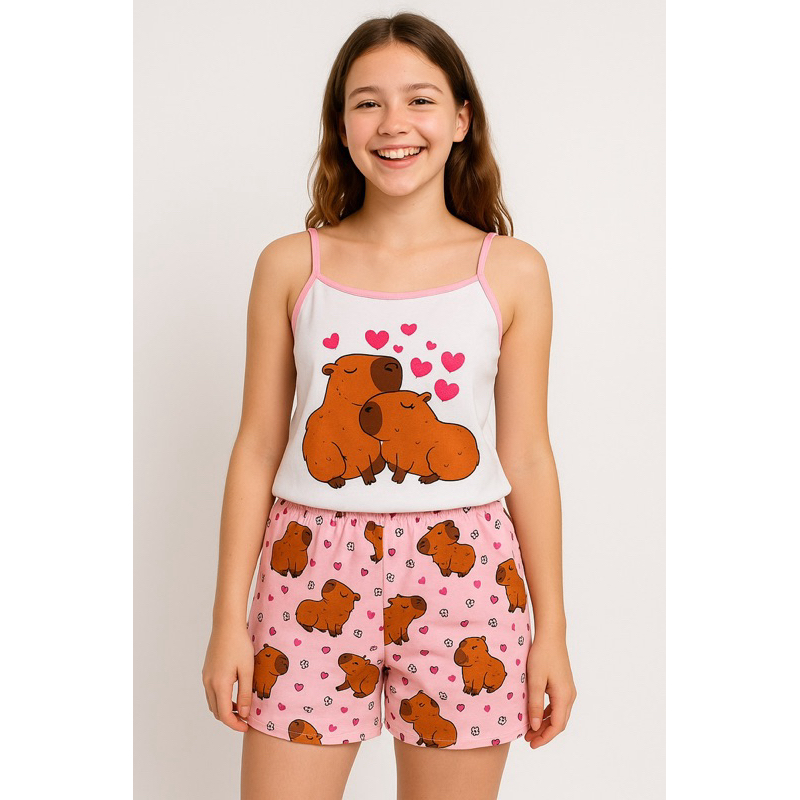 Pijama feminino juvenil adolescente jovem de menina verão alcinha baby doll em Oferta na Shopee