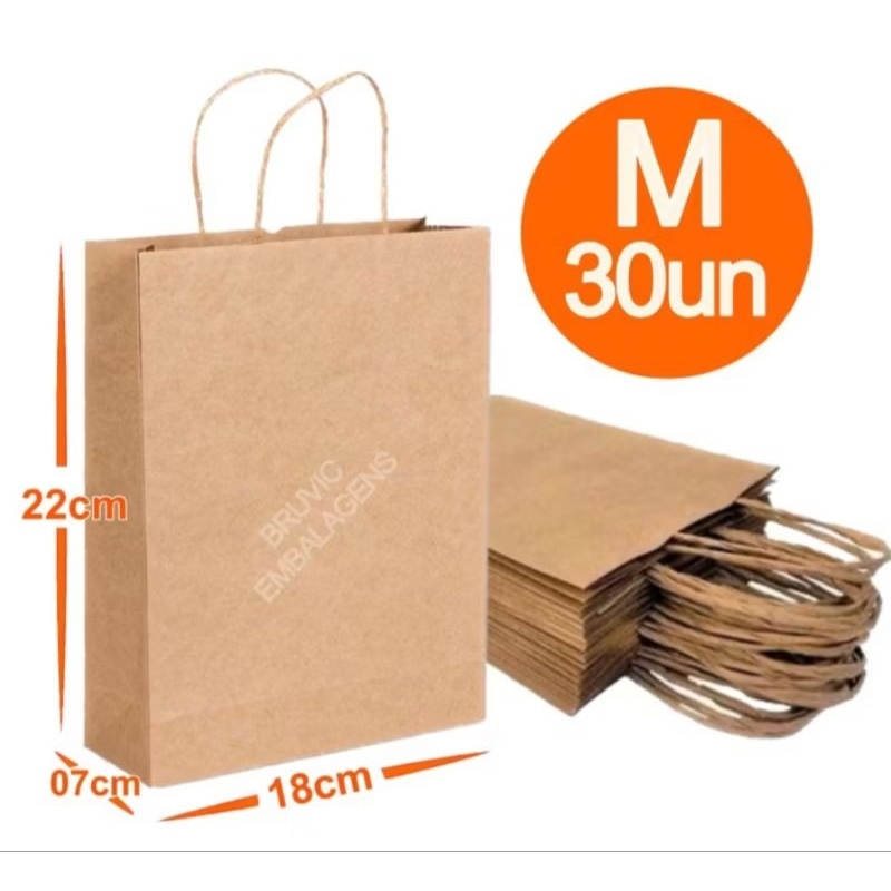 Sacola De Papel Kraft Natural M 18x07x22cm 30 Unidades