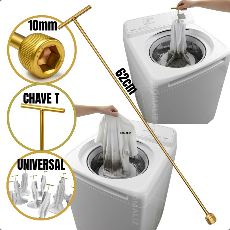 Chave de Máquina de Lavar Roupa T 10mm Longa 62cm Retirar Abrir Agitador Marcas Modelo Universal