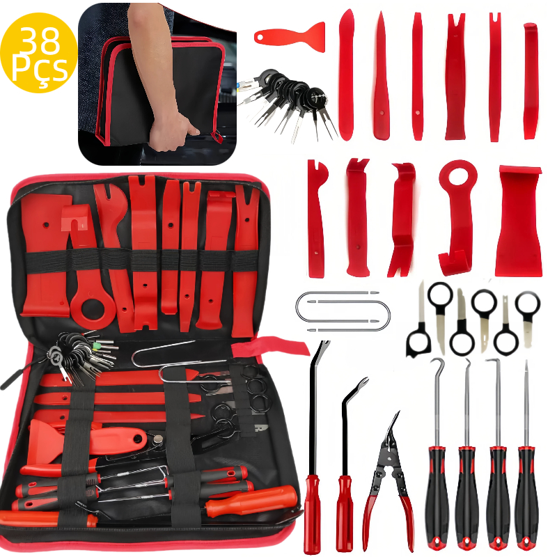 38 Peças Jogo Espátulas Nylon Alicates Saca Grampos Presilhas Automotivo + Maleta Organizador