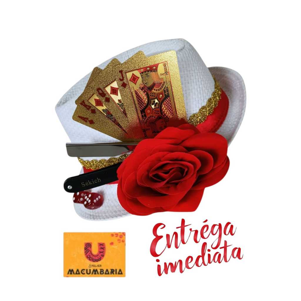Chapéu Pomba Gira Maria Navalha – Personalizado com Navalha Verdadeira, Cartas douradas ,Rosa, Dados e fios dourados em Oferta na Shopee