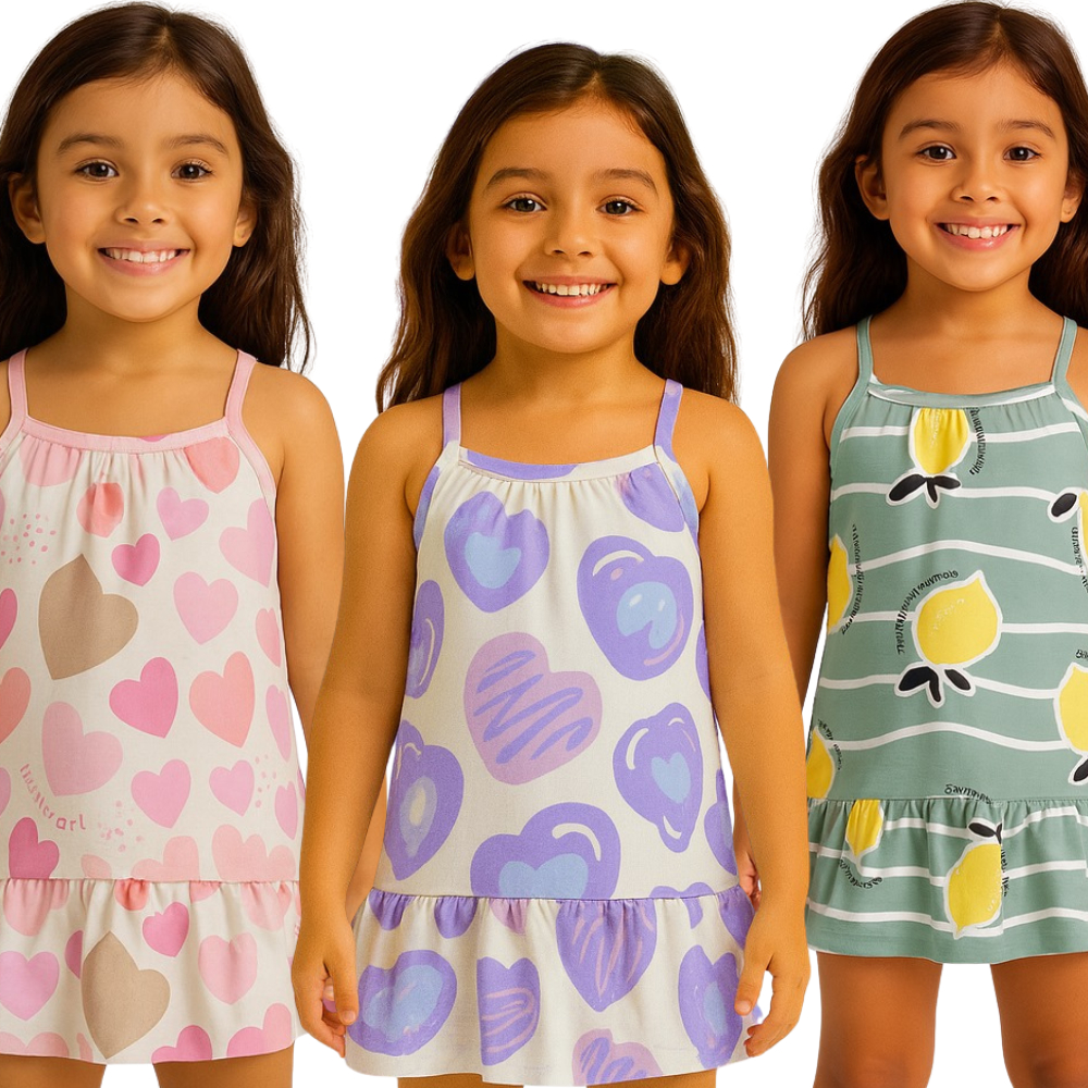 Kit 3 Vestido Infantil Verão Sortido Alcinha Feminino Menina Estampado Kids Criança Confortável