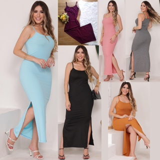 Vestido Longo Canelado com Fenda em Oferta na Shopee