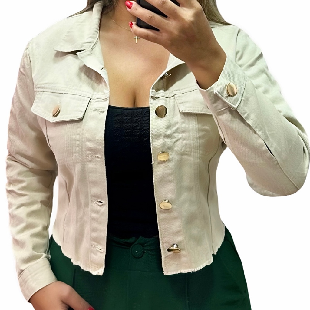 Jaqueta Jeans Feminina Bege Manga Longa Denim Linha Premium