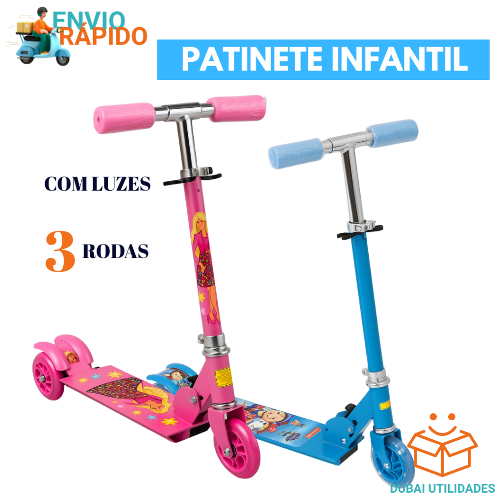 Patinete Infantil 3 Rodas 50 KG Led Dobrável E Ajustável Para Menino E Menina Azul E Rosa OU VERDE Resistente