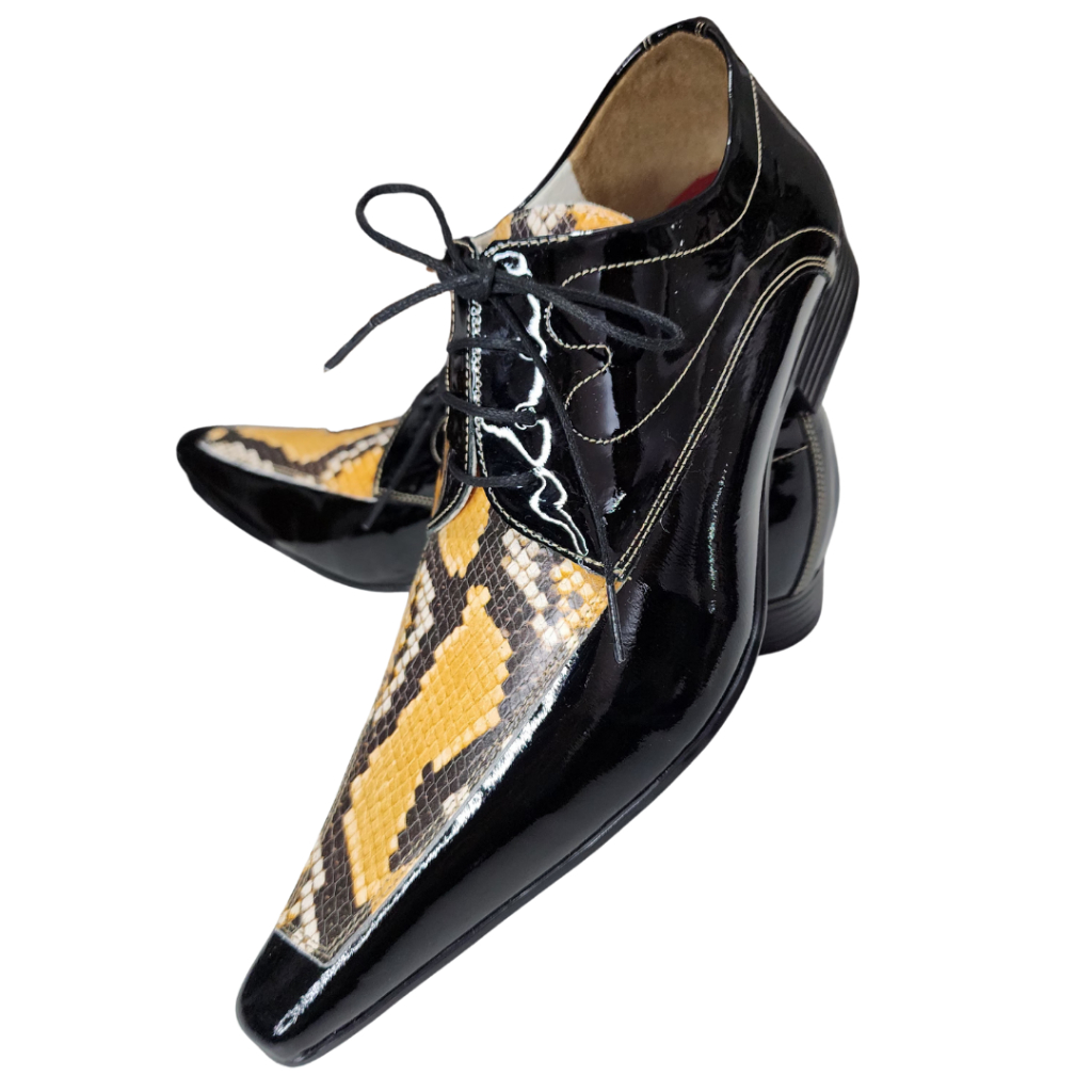Sapato Social Masculino Couro Verniz Preto E Cobra Amarelo 1614