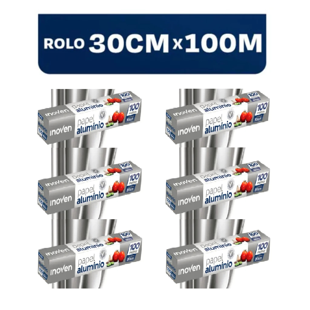 kit 06und - Papel Aluminio Grande 100 METROS X 30 CM Rolo Bobina