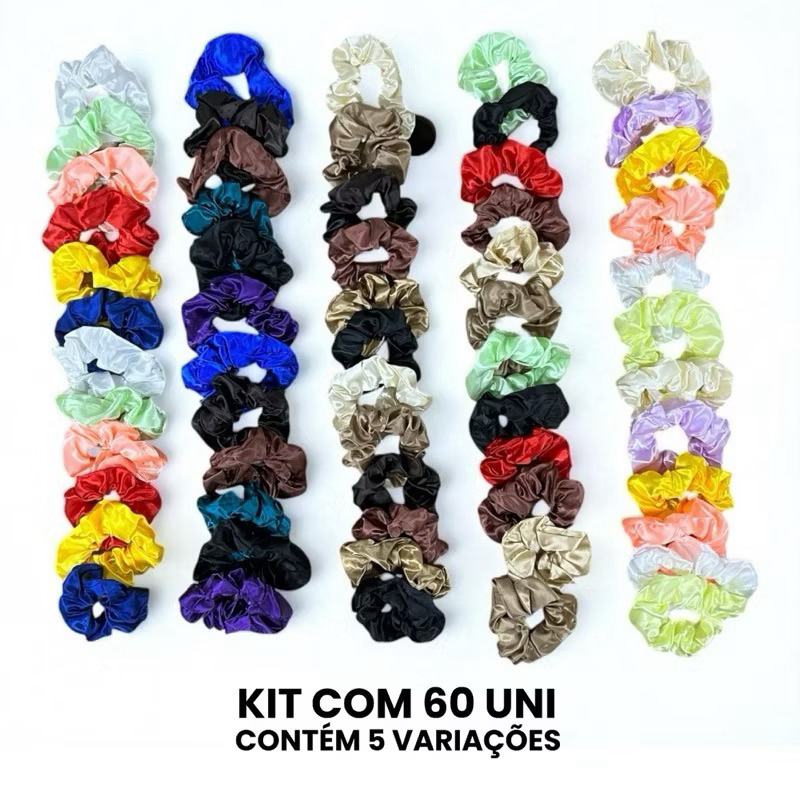Kit 60 Xuxinhas de Cetim Variadas Cores | Elástico de Cabelo Feminino Antimarcas Macio e Brilhante