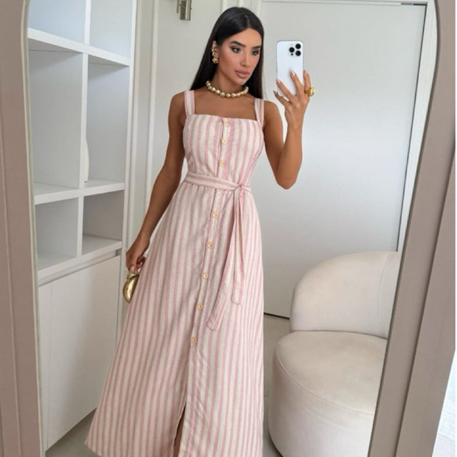 Vestido Longo Linho com Bojo | Alça Grossa + Costas com Elástico | Casual Elegante