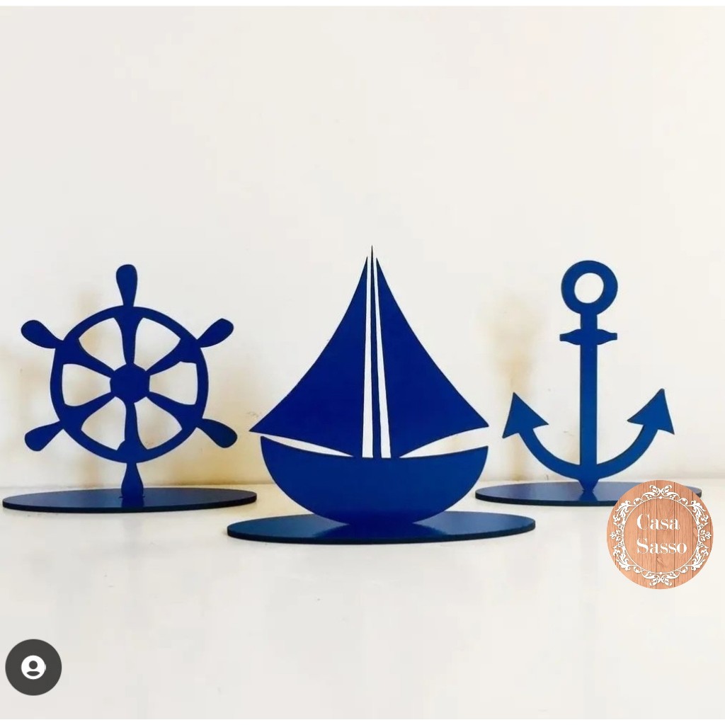 Kit Trio Marinheiro de Plaquinhas Leme Barco Âncora mdf azul náutico mar barquinho timão menino praia quarto pousada hot