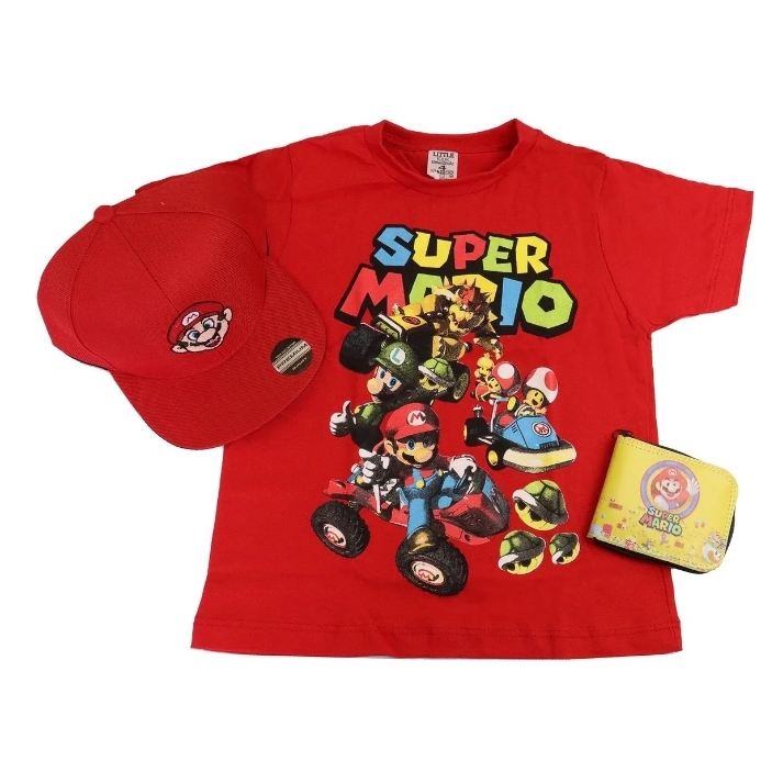 Bone+ camiseta + carteira infantil mario kit da moda meninos
