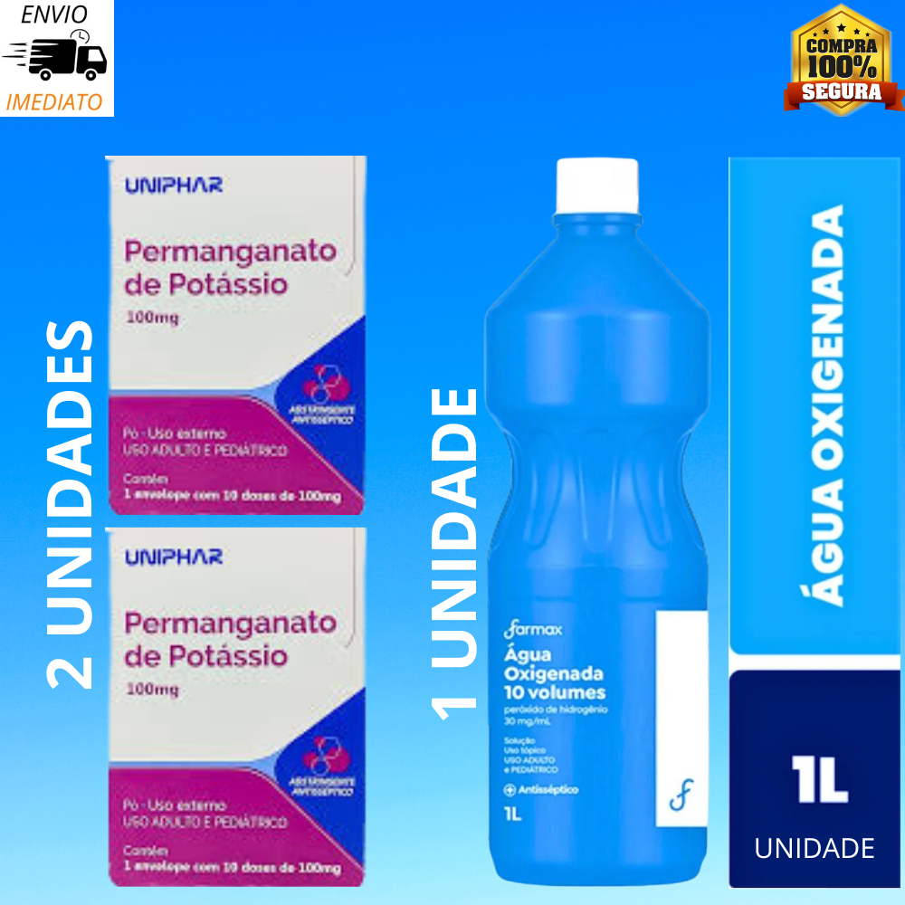 kit 2 Permanganato de Potássio 100mg 1 envelope com 10 doses de 100mg + Água Oxigenada 10 Volumes 1L