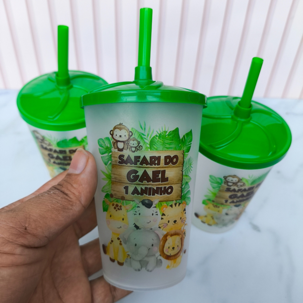 Copo Personalizado 300ml com Tampa e Canudo Ecológico Safari Lembrancinhas Aniversário Infantil