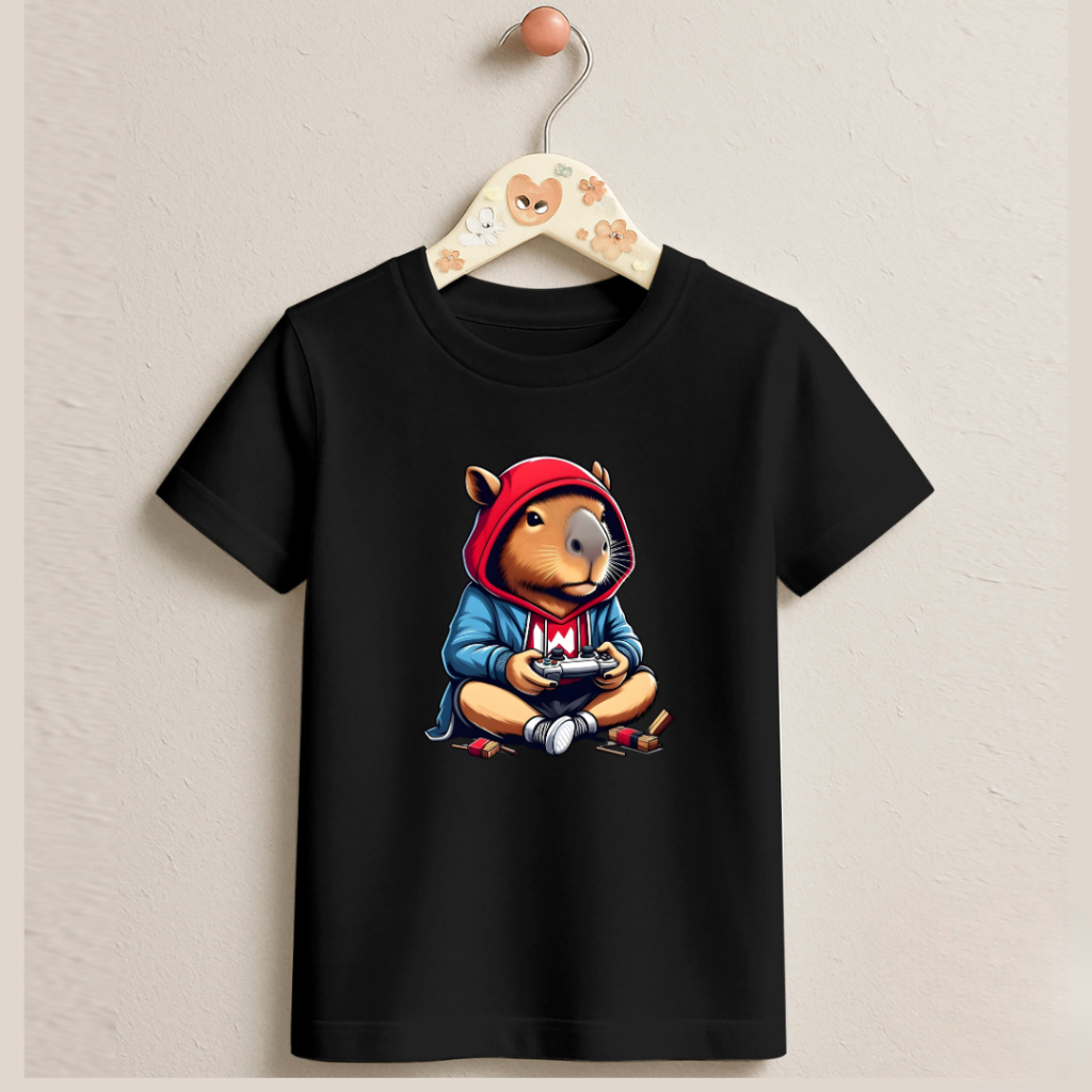 Camiseta Infantil Juvenil Unissex Capivara Jogando Video Game Personagem Estampada Desenho
