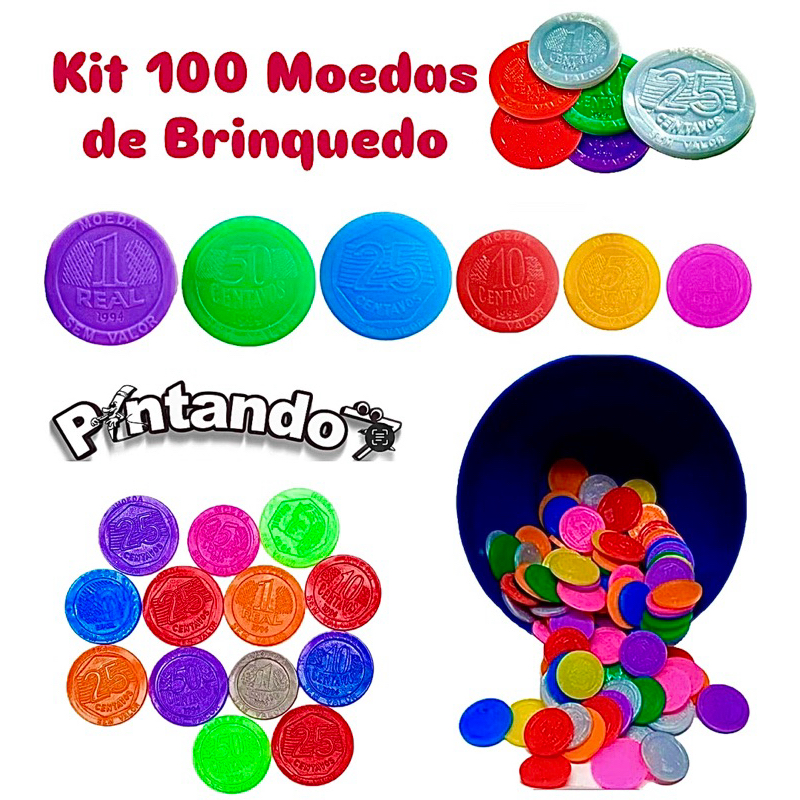Kit 100 Moedas de Plástico Brinquedo Educativo Aprendizado Lembrancinha Festa Infantil