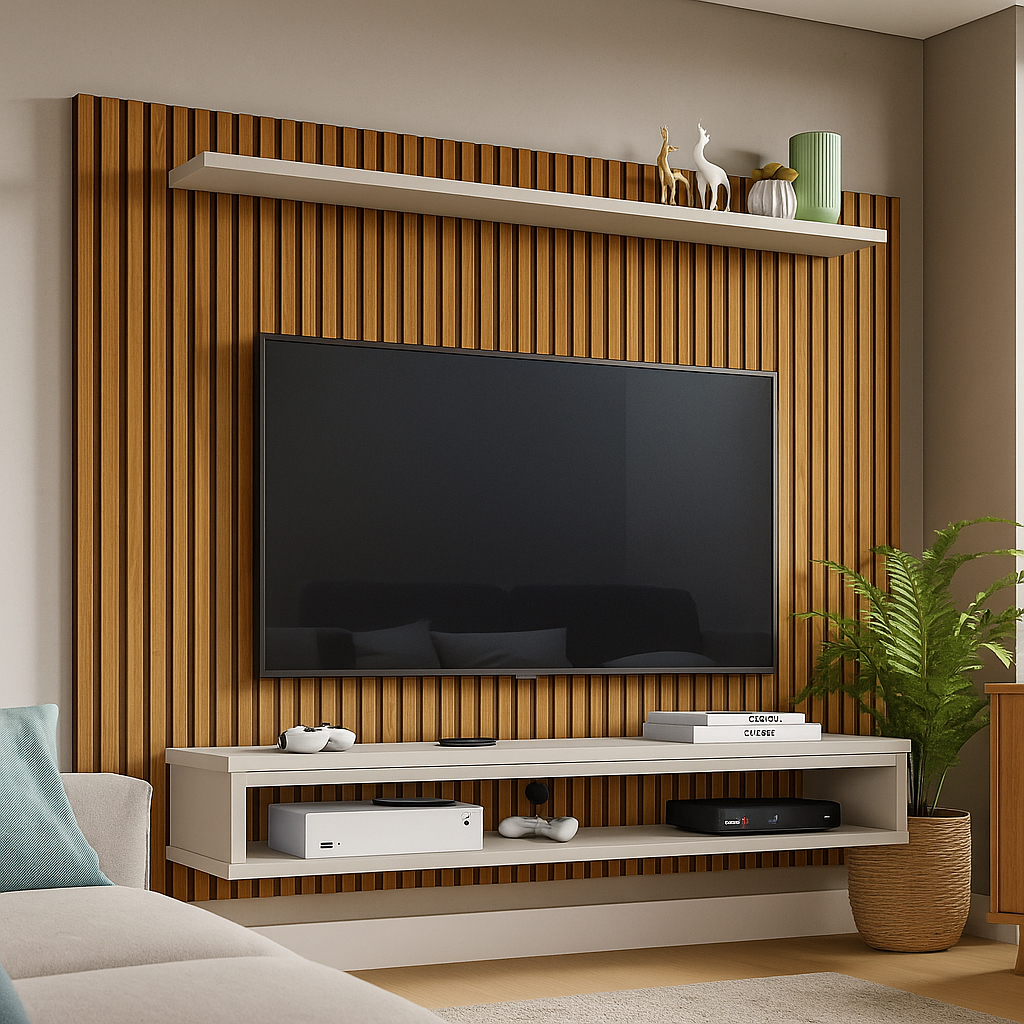 Painel Ripado TV Até 60 Polegadas Prateleira e Nicho Ideal Para Sala Quarto Moderno Simples Elegante