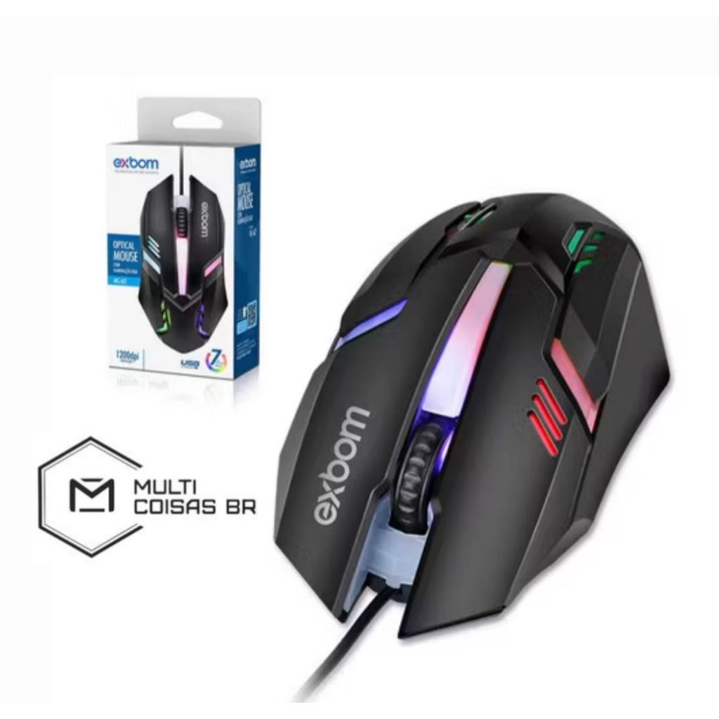 Mouse Gamer Led Rgb 7 Cores Exbom Com Fio Usb 1200dpi Ms-62 Preto