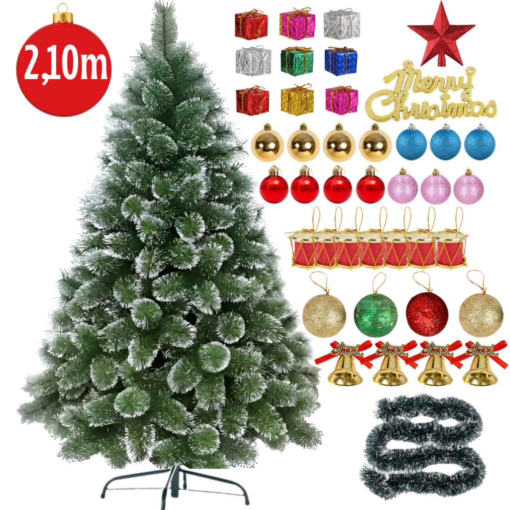 Árvore De Natal Pinheiro 2,10 Metros Altura Luxo Nevada Verde+ 80 Enfeites Decoração Natalina