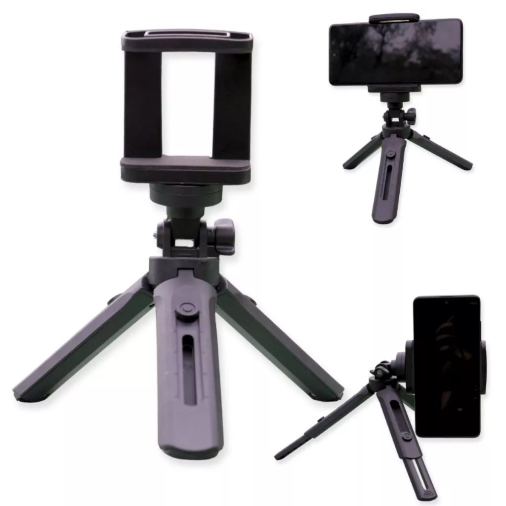 Suporte Tripé de Mesa Para Celulares Ajustável na Vertical e Horizontal