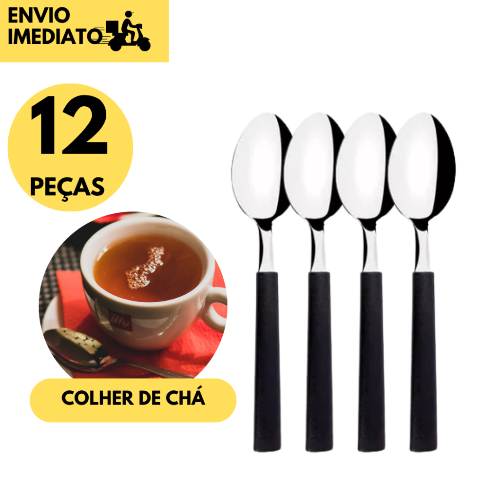 Kits 12,18 ou 24 Colher de Chá Inox Cabo Preto Elegante Utensílio Cozinha Aço Inoxidável Resistente em Oferta na Shopee