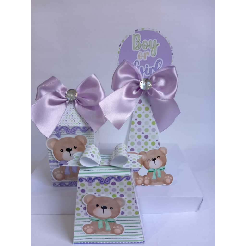 KIT CAIXAS PERSONALIZADAS URSINHO BABY LILÁS E VERDE  FESTA CHÁ REVELAÇÃO