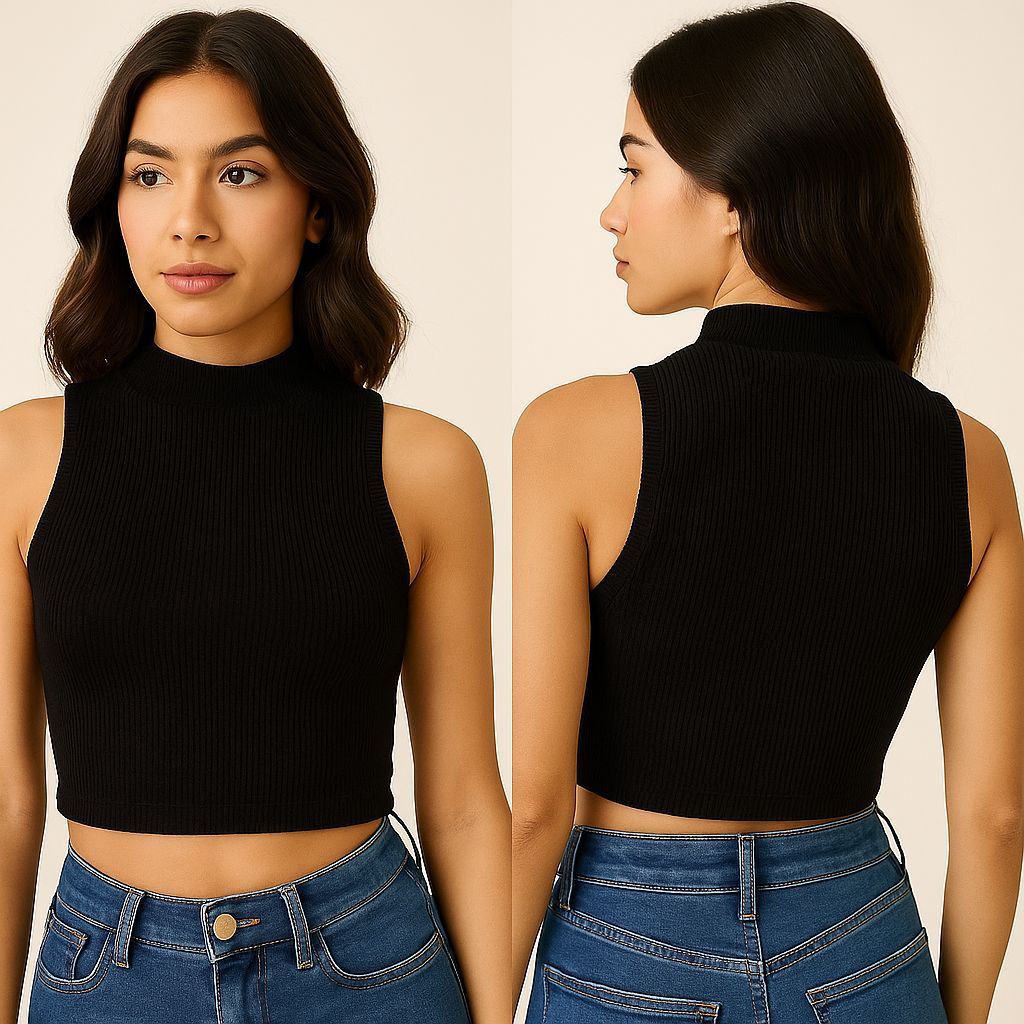 claudinmoda cropped gola alta canelado veludo cropped básico