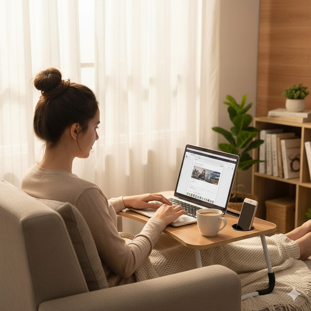 Mesa Portátil Dobrável Com Gaveta Para Notebook Home Office Estudo Refeição Cama Com Porta Copo MDF