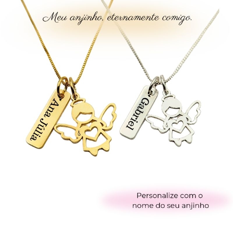 Colar Personalizado com Nome Pingente Anjinho Filho Banhado a Ouro 18k ou Prata Presente para Mae