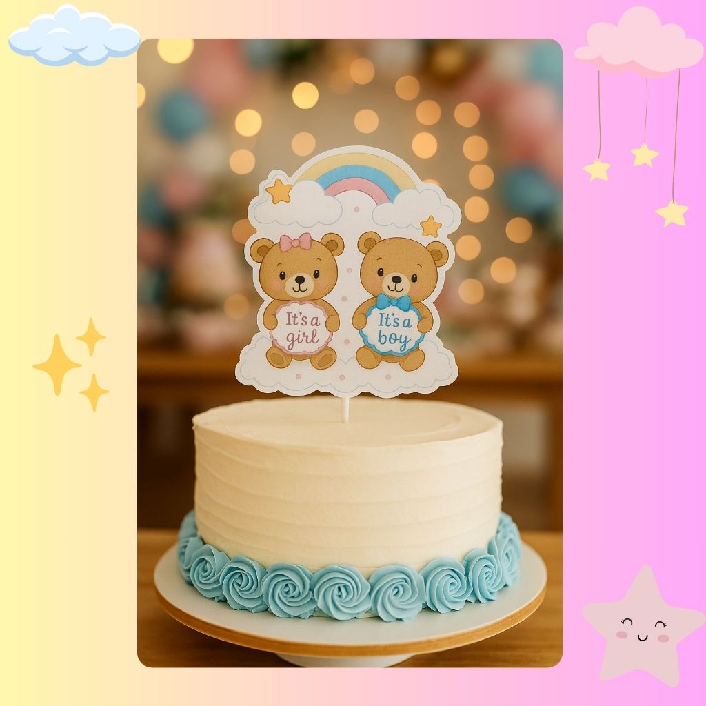 Topo de Bolo Chá Revelação Ursinhos – Menino e Menina com Arco-Íris   – It’s a Girl & It’s a Boy