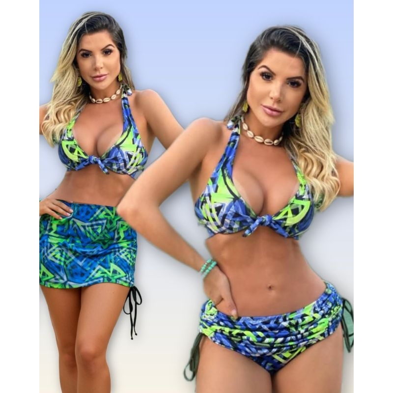 Biquíni Saia Hot pants 2em1.Saída de Praia embutida.Cintura Alta com Regulador lateral que faz virar saia. Sutiã de Bojo