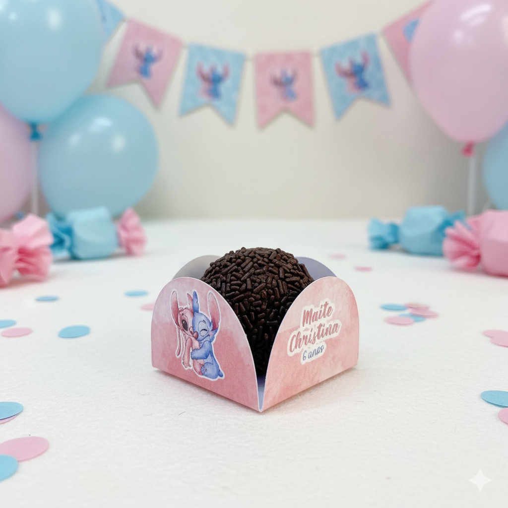 40/60/80/100 Forminha de doce Stitch e Angel Personalizada - 4 pétalas - Festa de aniversário - Lembrancinha brigadeiro