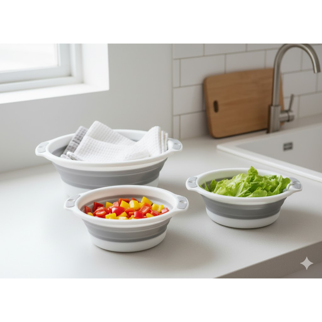 Kit 3 Bacias Silicone Multiuso Dobrável Retrátil 13 L /7 L ou 3 L Organização Cozinha Lavanderia