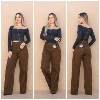 calça Wid Leg marrom pantalonas bases em Oferta na Shopee