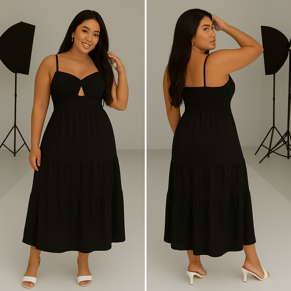 Vestido Longo Feminino em Tecido Duna com Forro – Elegante, Confortável e com Recorte Charmoso no Busto em Oferta na Shopee