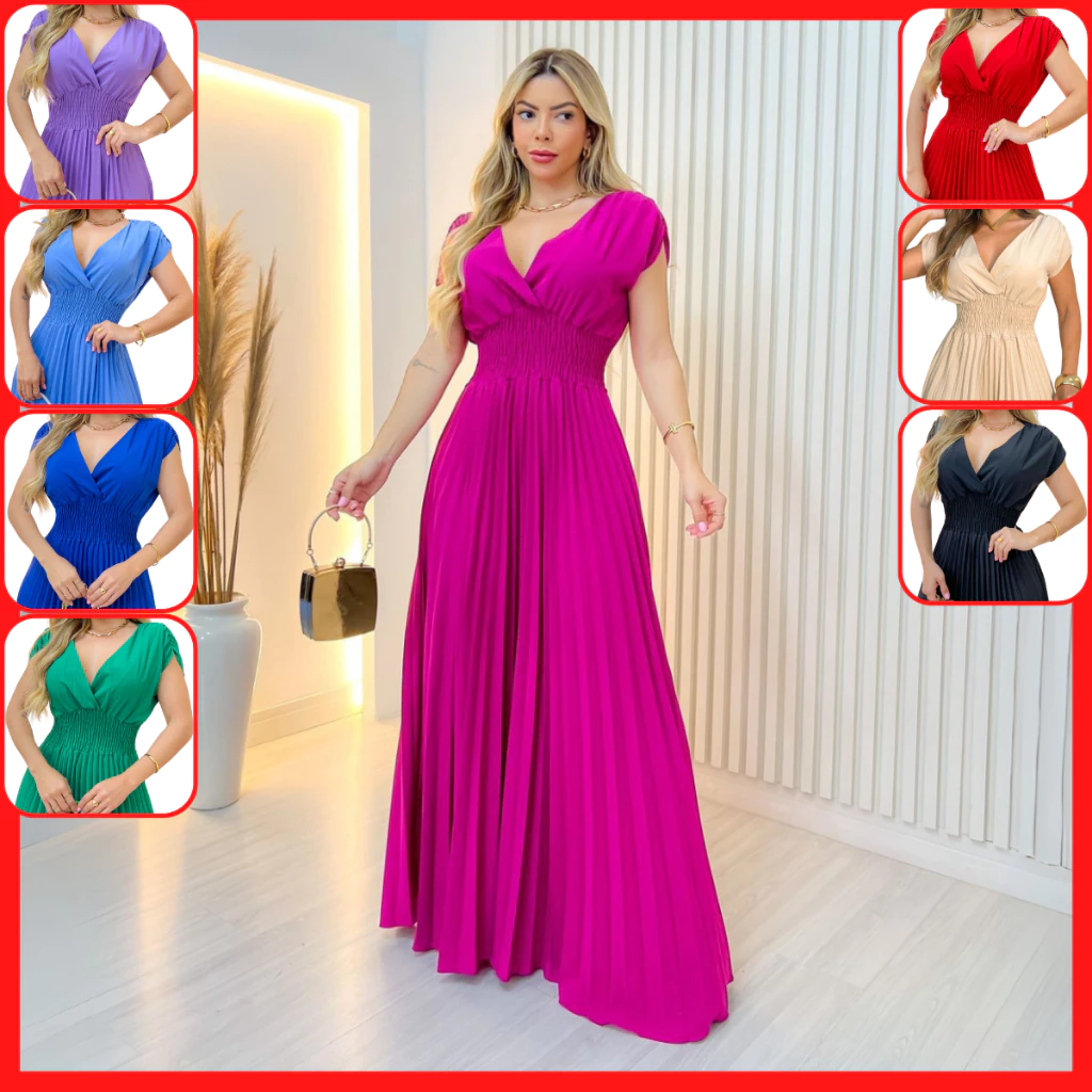 Vestido Feminino Longo Plissado Elegante para Casamento Noiva Civil Festa Formatura Igreja Luxo X174 — imagem 1