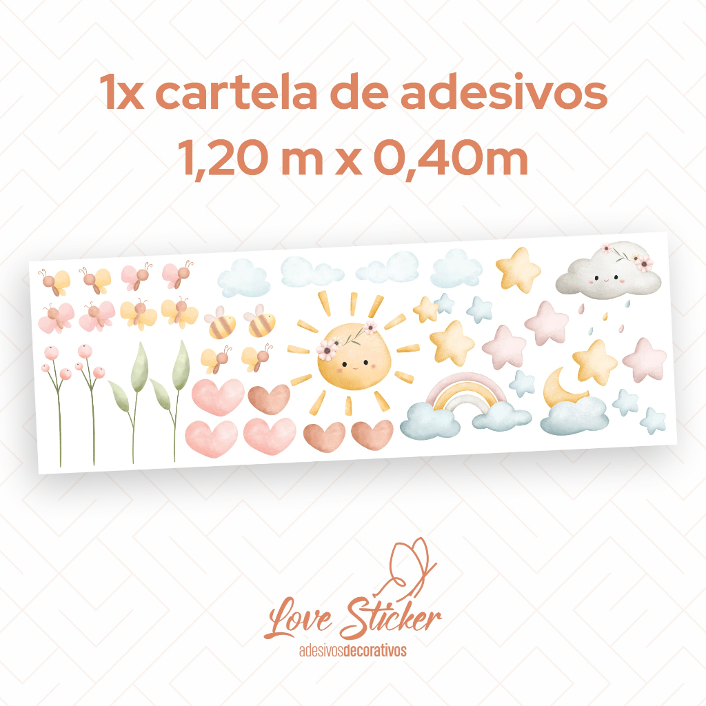 Adesivos de Parede Infantil Boho Aquarela Decoração Quarto Bebê – Sol, Nuvens, Flores e Corações em Oferta na Shopee