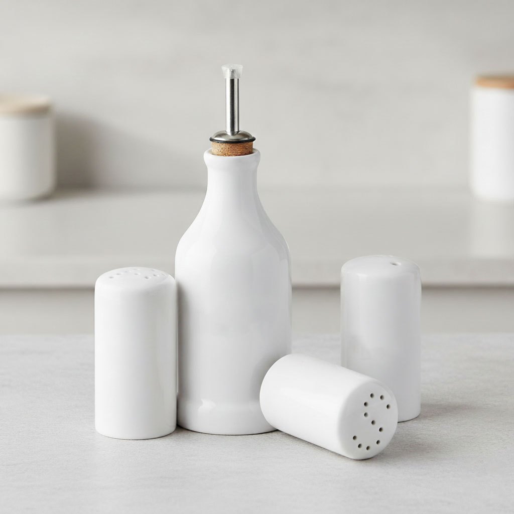 Garrafa Galheteiro Porcelana com Saleiro, Paliteiro e Pimenteiro