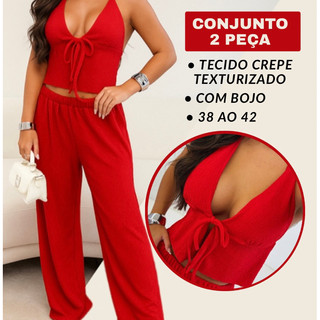 Conjunto Calça Pantalona e Top Amarração Tecido Crepe - Conjunto Feminino Cropped e Calça Pantalona Tecido Crepe