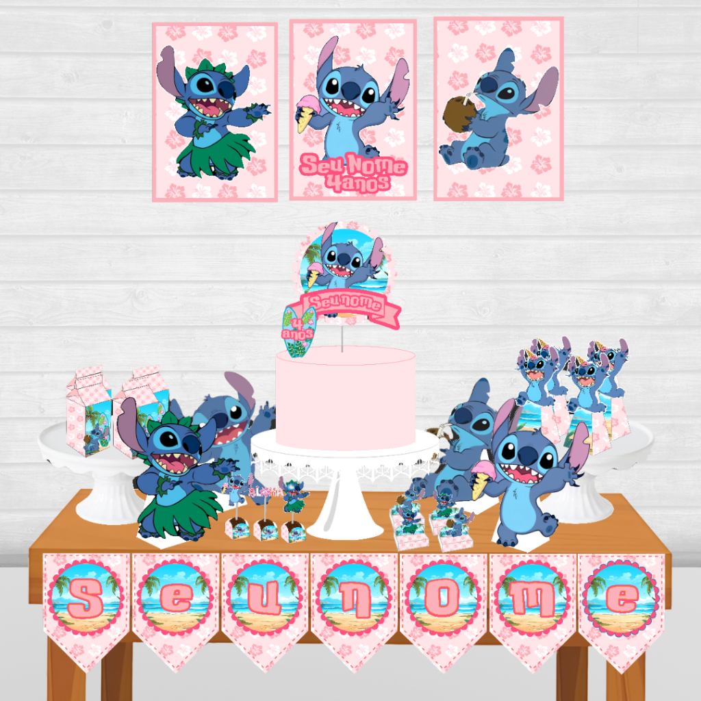 Kit Festa só um bolinho Stitch Rosa personalizado/mesversário aniversário/ Lembrançinha 80 itens