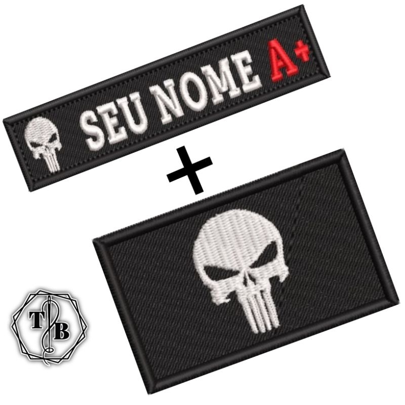 Kit Tarjeta + Bandeira Caveira Tática Personalizada | Nome + Tipo Sanguíneo | Preto e Cinza – Velcro, Liso ou Termocolan