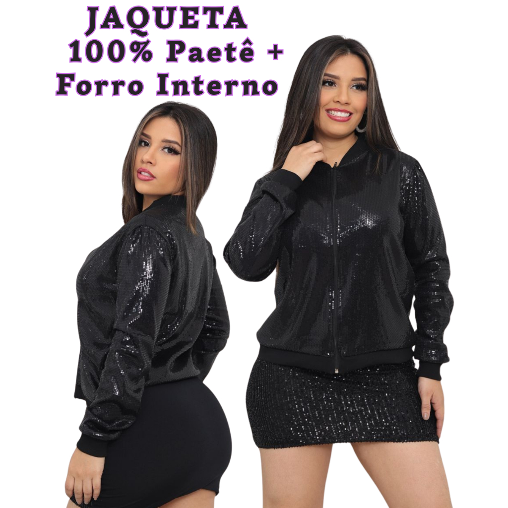 Jaqueta Bomber Feminina Paetê Lantejoulas Brilho Toda Forrada Conforto Moda Festa Balada Blogueira
