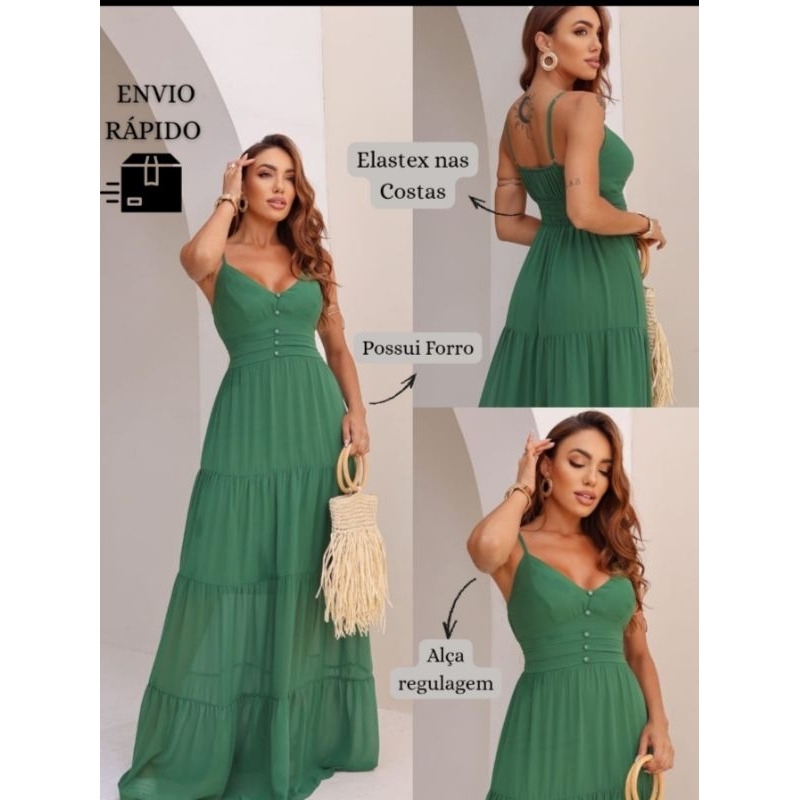 Vestido Longo Elegante 3 Marias C/ Alça Regulável Botões na Frente E Elastex nas Costas