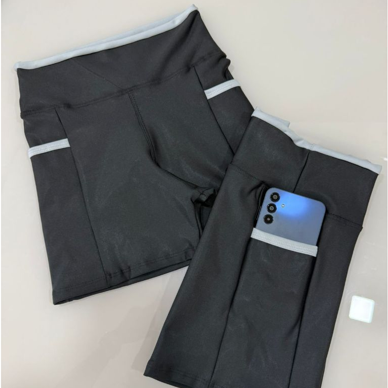 Shorts Feminino Due Bicolor Bolso Para Celular Cintura Alta Roupa Academia Zero Transparencia
