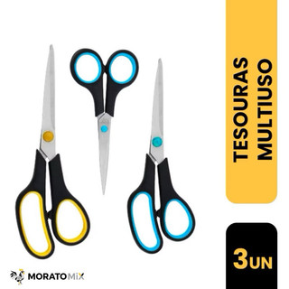 kit 3 Tesouras em Aço Inox e Cabo Ergonômico - Multiuso - Cozinha, Costura, Papelaria, Escritório