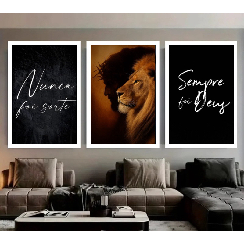 Quadro Decorativo Leão de Judá — Nunca Foi Sorte, Sempre Foi Deus | 60x40 Kit 3 Quadros Religiosos Modernos