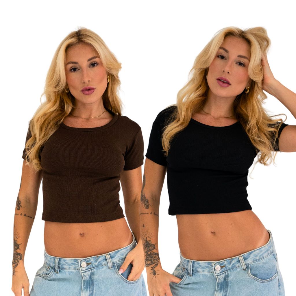 KIT 2 Blusa Baby Tee Canelado em Algodão Feminina Cropped Em Ribana em Oferta na Shopee